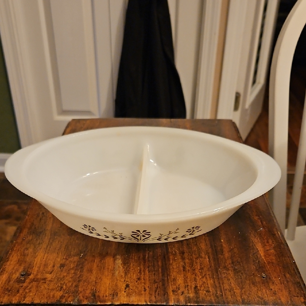 Glasbake White Divided Serving Dish with Green Daisy Floral Design